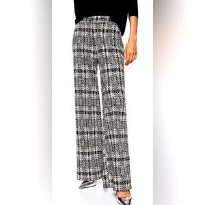 Mango Tweed Wide Leg Stretch Trousers Medium Black White Business Casual NEW